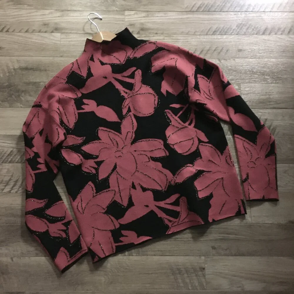 Tahari Red & Black Floral Rayon Blend Mockneck Sweater Medium - Picture 6 of 13